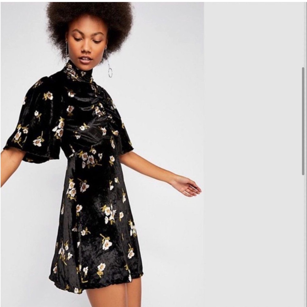 Free People Be My Baby Velvet Floral Print High Neck Mini Dress